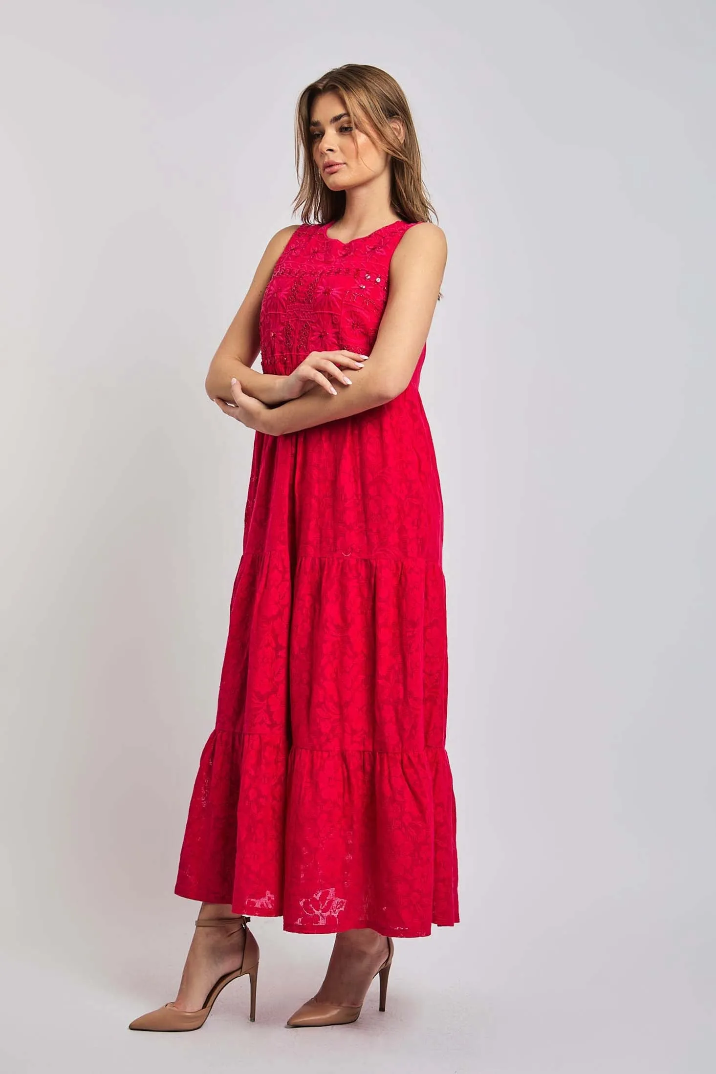 Women Dress Cotton Sleeveless Lace Pink