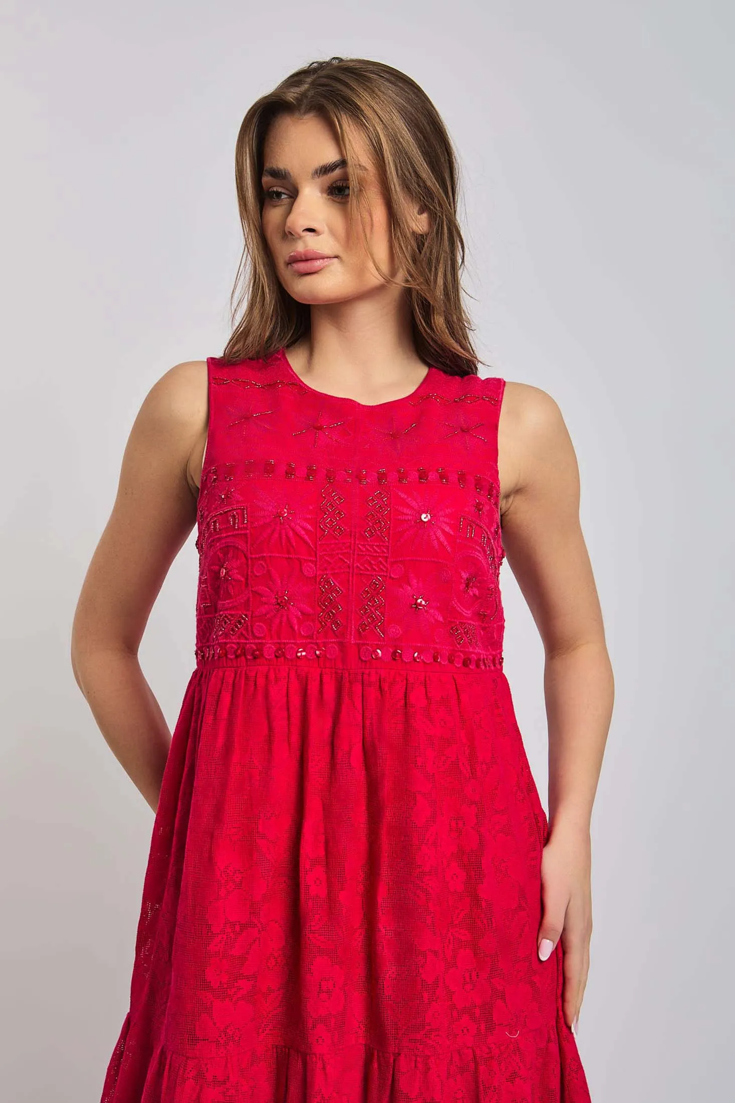 Women Dress Cotton Sleeveless Lace Pink