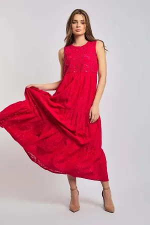 Women Dress Cotton Sleeveless Lace Pink