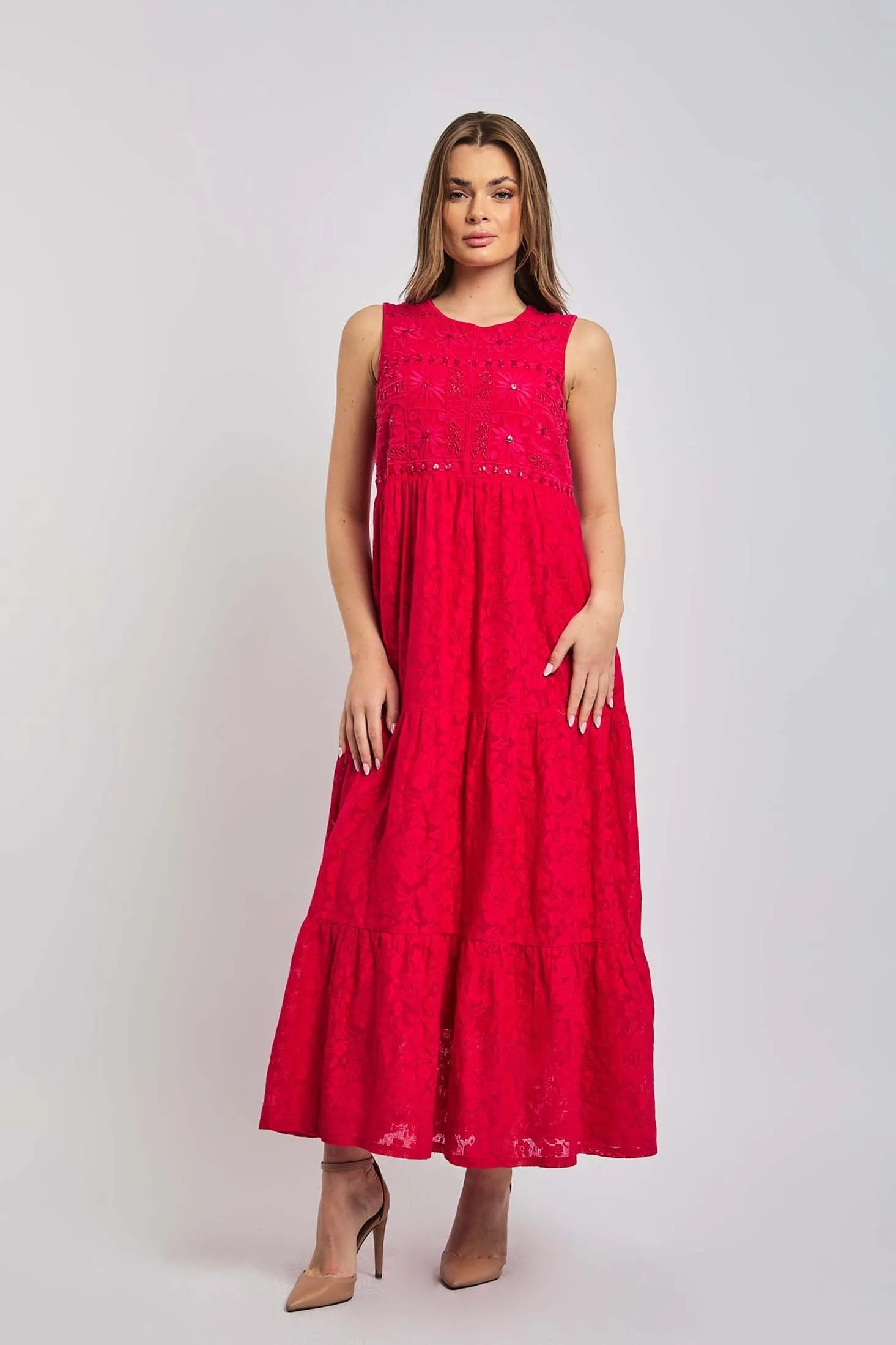 Women Dress Cotton Sleeveless Lace Pink