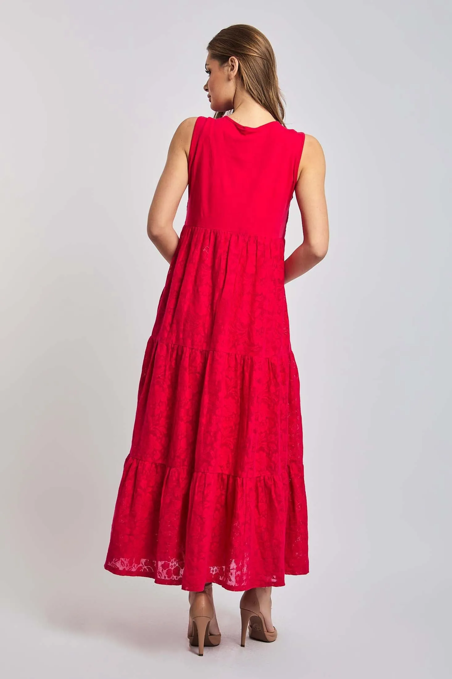 Women Dress Cotton Sleeveless Lace Pink