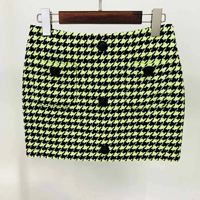 Women Green Houndstooth Wool Skirt Suit