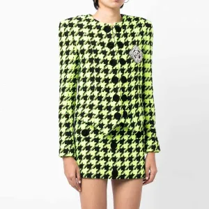 Women Green Houndstooth Wool Skirt Suit