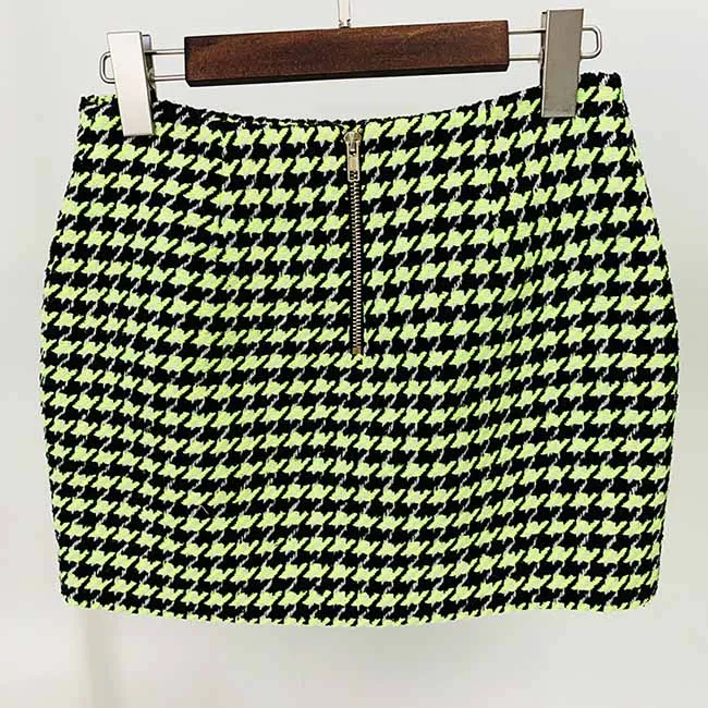 Women Green Houndstooth Wool Skirt Suit