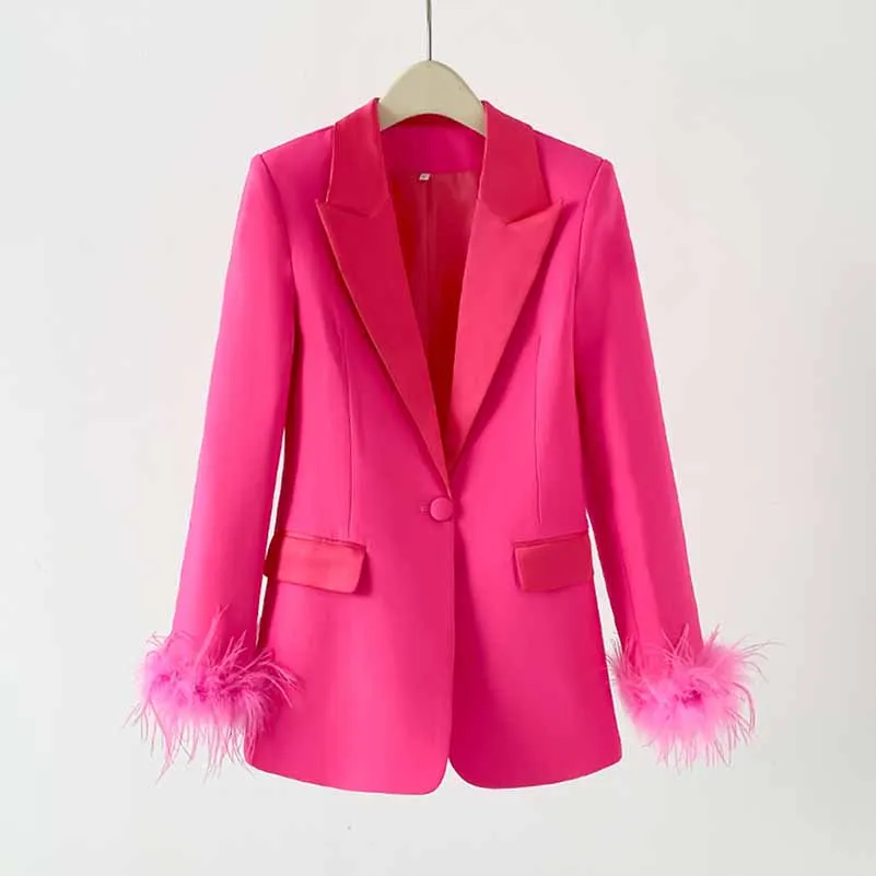 Women Hot Pink Pantsuit Faux Feather Trim One Button Blazer   Mid Waist Cropped Trousers Suit Pantsuit