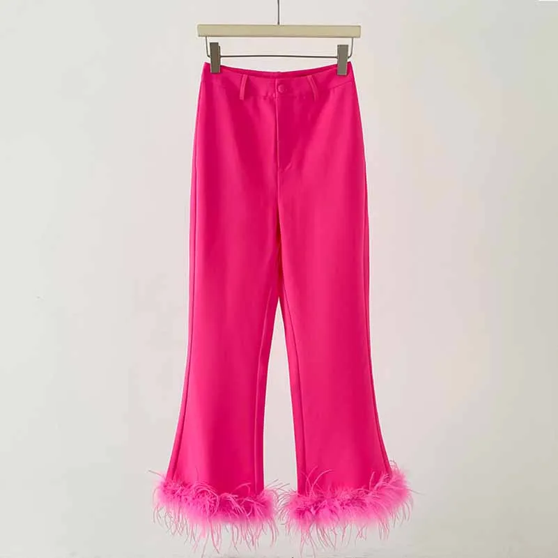Women Hot Pink Pantsuit Faux Feather Trim One Button Blazer   Mid Waist Cropped Trousers Suit Pantsuit