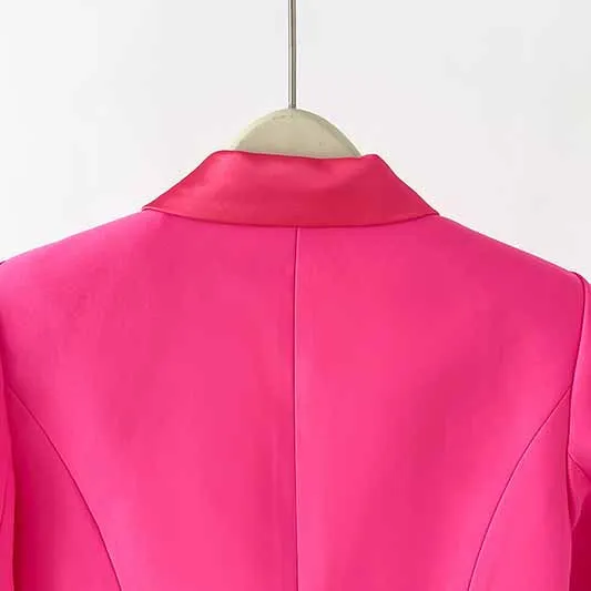 Women Hot Pink Pantsuit Faux Feather Trim One Button Blazer   Mid Waist Cropped Trousers Suit Pantsuit