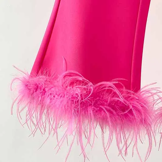 Women Hot Pink Pantsuit Faux Feather Trim One Button Blazer   Mid Waist Cropped Trousers Suit Pantsuit