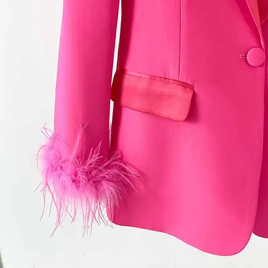 Women Hot Pink Pantsuit Faux Feather Trim One Button Blazer   Mid Waist Cropped Trousers Suit Pantsuit