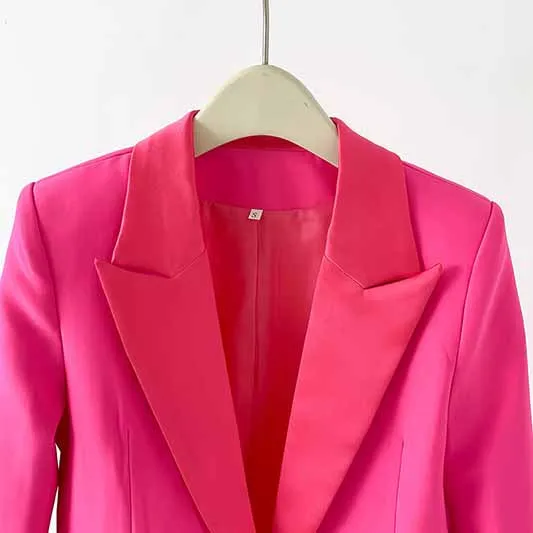 Women Hot Pink Pantsuit Faux Feather Trim One Button Blazer   Mid Waist Cropped Trousers Suit Pantsuit