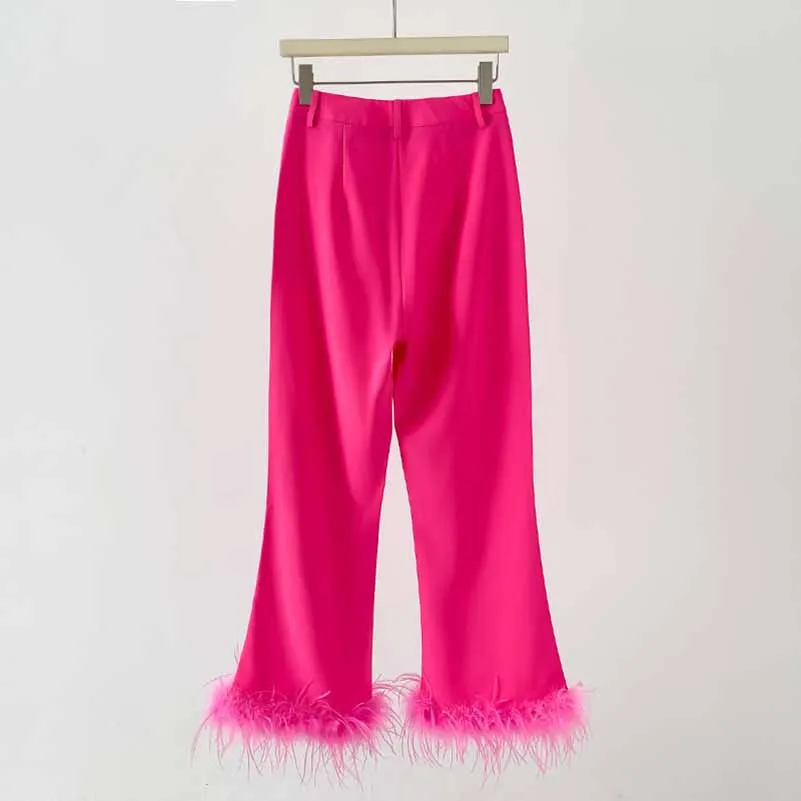 Women Hot Pink Pantsuit Faux Feather Trim One Button Blazer   Mid Waist Cropped Trousers Suit Pantsuit