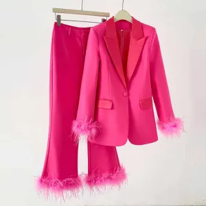 Women Hot Pink Pantsuit Faux Feather Trim One Button Blazer   Mid Waist Cropped Trousers Suit Pantsuit