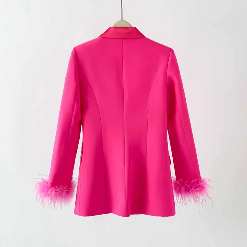 Women Hot Pink Pantsuit Faux Feather Trim One Button Blazer   Mid Waist Cropped Trousers Suit Pantsuit