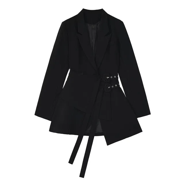 Women Irregular Bandage Spliced Blazer New Lapel Long Sleeve Loose Fit Jacket Fashion Tide Spring Autumn