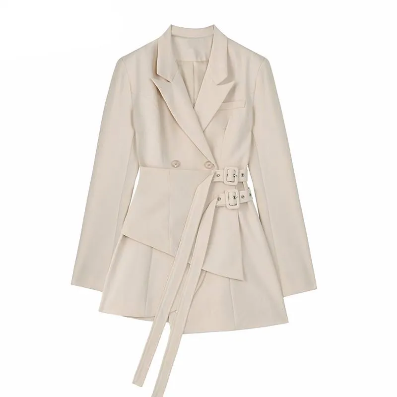 Women Irregular Bandage Spliced Blazer New Lapel Long Sleeve Loose Fit Jacket Fashion Tide Spring Autumn