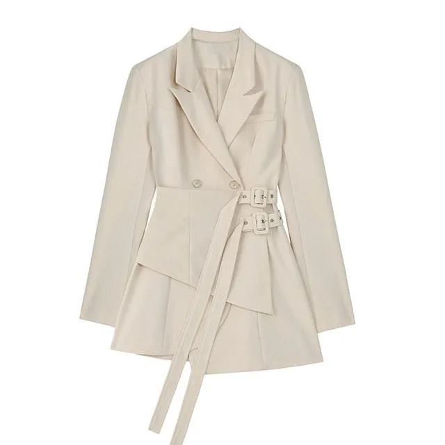 Women Irregular Bandage Spliced Blazer New Lapel Long Sleeve Loose Fit Jacket Fashion Tide Spring Autumn