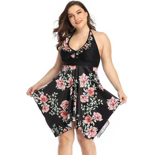 Women Plus Size Swimwear-Floral Print Push up Swimsuit V-neck Halter Bandage One-piece