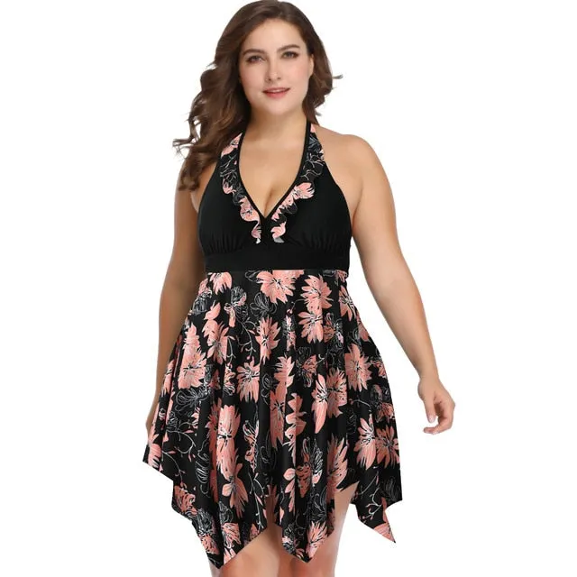 Women Plus Size Swimwear-Floral Print Push up Swimsuit V-neck Halter Bandage One-piece