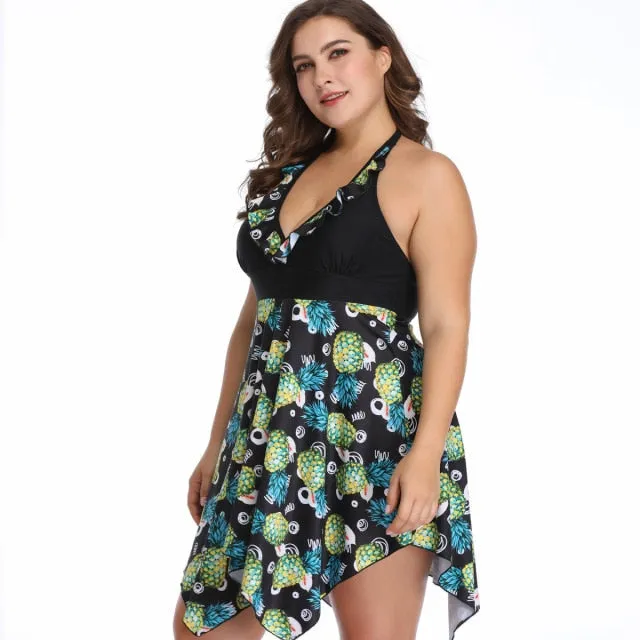 Women Plus Size Swimwear-Floral Print Push up Swimsuit V-neck Halter Bandage One-piece