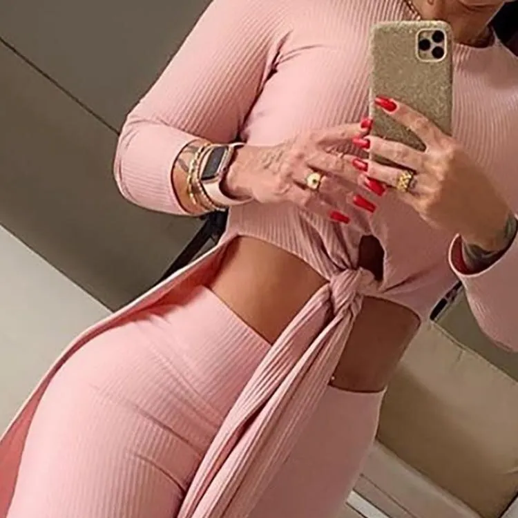 Women Round Neck Long-sleeved Split-knot Top & High-waisted Trousers Two-piece Suit Female Casual Pants Set Solid Color  2022 Ne