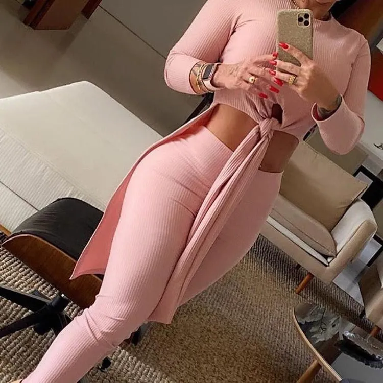 Women Round Neck Long-sleeved Split-knot Top & High-waisted Trousers Two-piece Suit Female Casual Pants Set Solid Color  2022 Ne