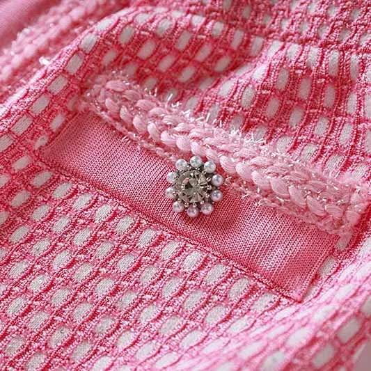 Women Tweed Two Pieces Pink Suit Short Sleeve Skirt Set