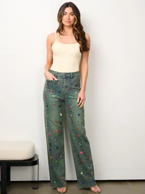 WOMEN'S BUTTON CLOSURE MULTI COLOR STUDS DETAILED DENIM PANTS