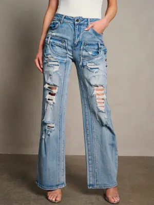 WOMEN'S BUTTON CLOSURE POCKETS DISTRESS WIDE LEG DENIM PANTS