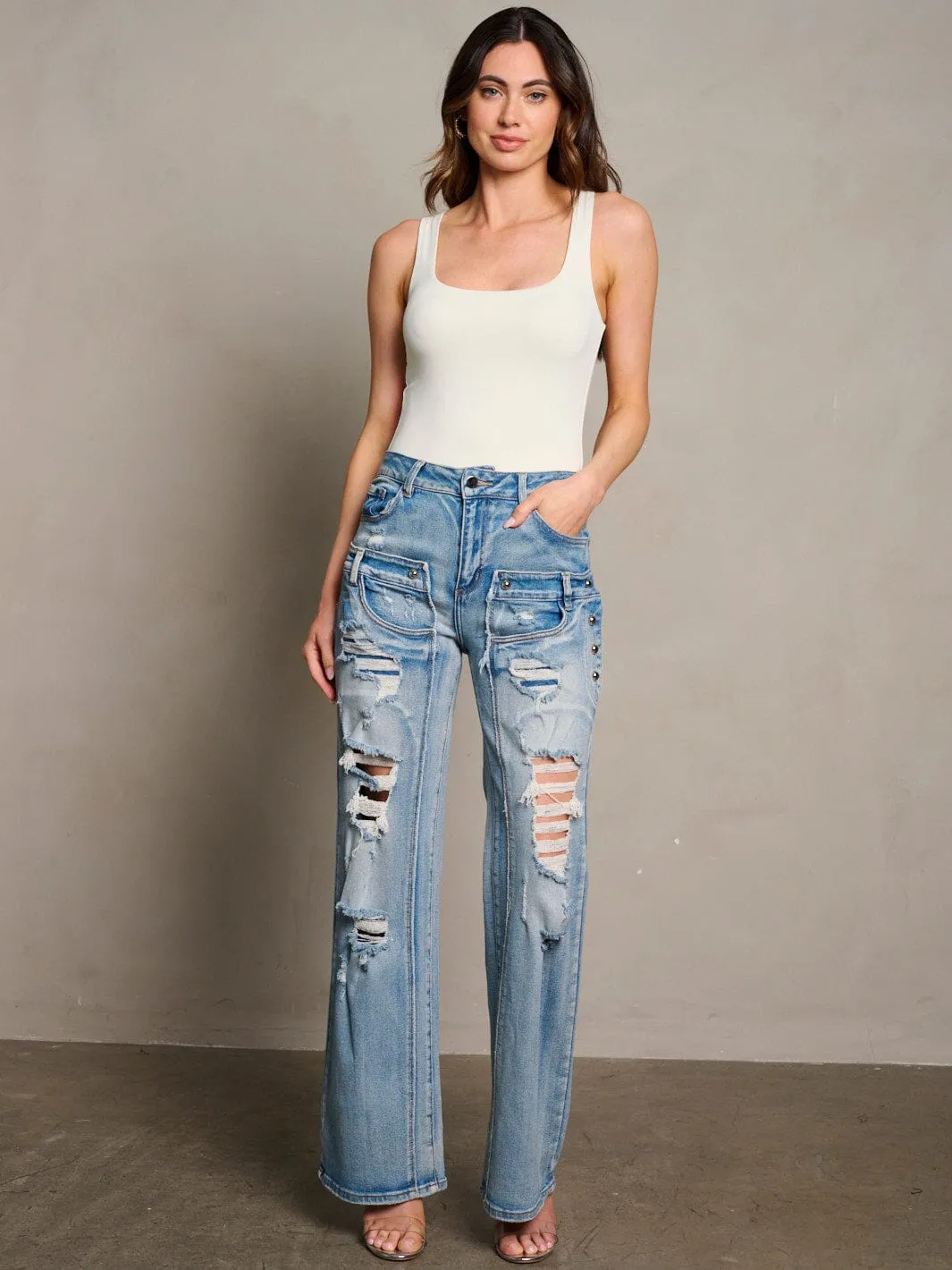 WOMEN'S BUTTON CLOSURE POCKETS DISTRESS WIDE LEG DENIM PANTS