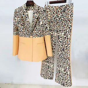 Women's Leopard Print Trousers Suit 2 Piece Animal Print Pant Suit