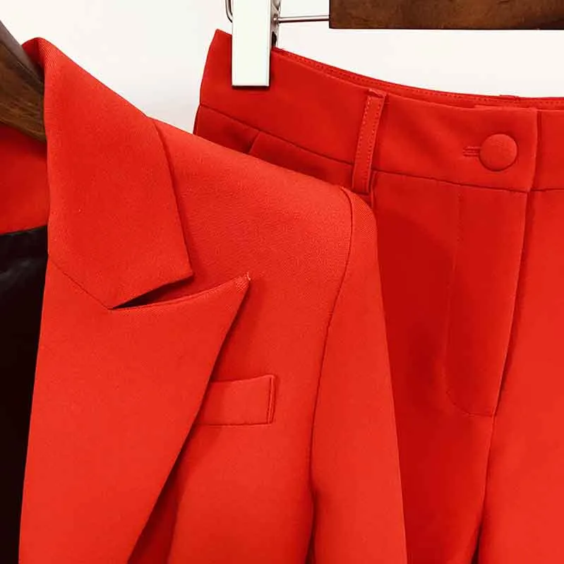 Women's Red Pantsuit Blazer High Waisted Flare Pants Suit Wedding Pantsuit