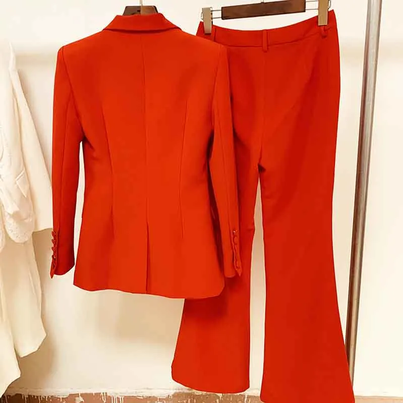 Women's Red Pantsuit Blazer High Waisted Flare Pants Suit Wedding Pantsuit