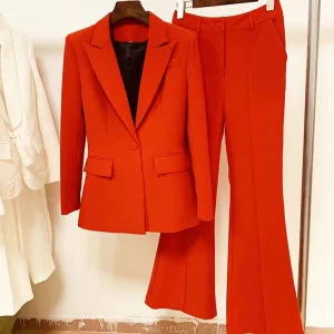 Women's Red Pantsuit Blazer High Waisted Flare Pants Suit Wedding Pantsuit