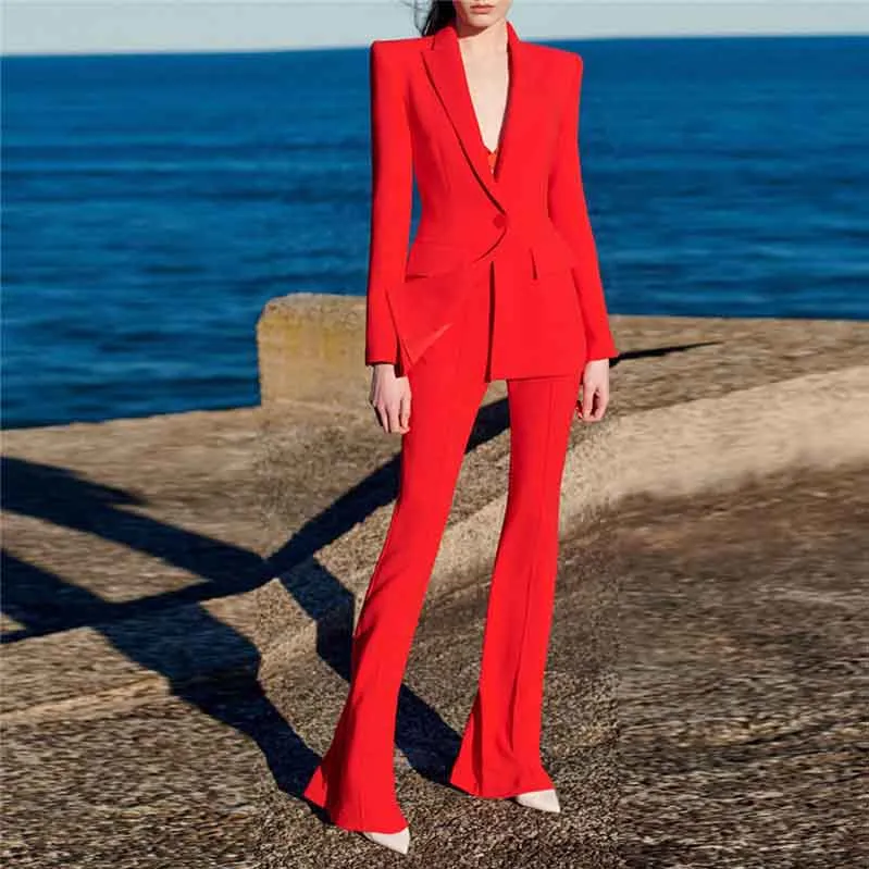 Women's Red Pantsuit Blazer High Waisted Flare Pants Suit Wedding Pantsuit