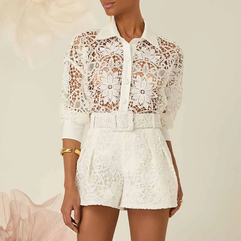 Women's Short Suit Hollow Cut Lace Two Pieces Set