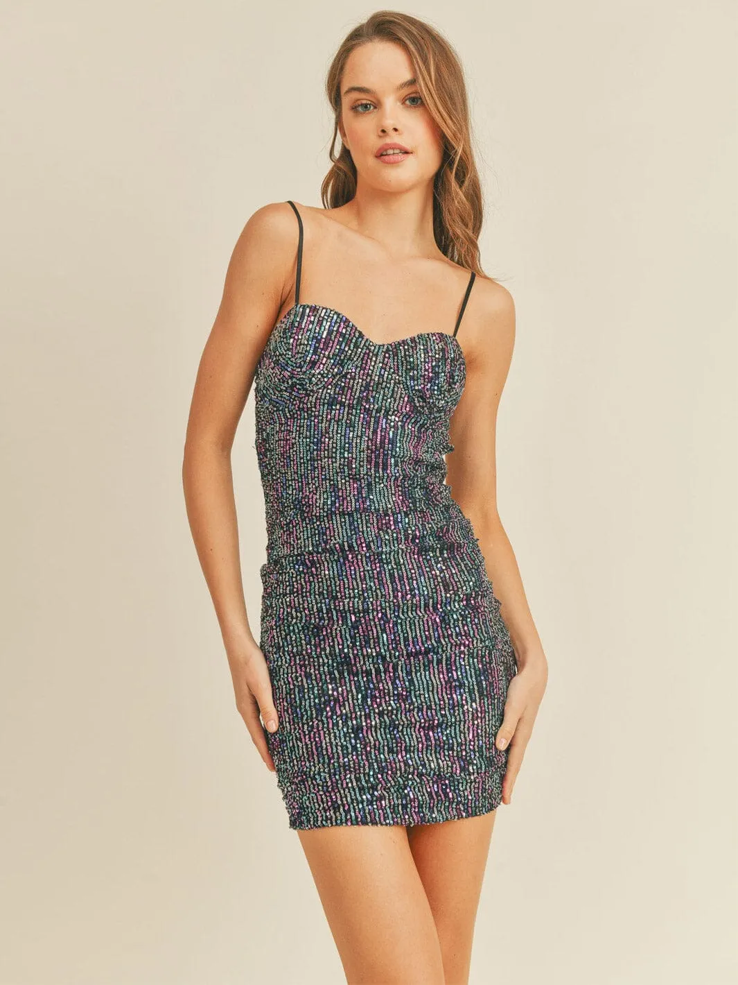 WOMEN'S SLEEVELESS RUCHED SEQUINS BODYCON MINI DRESS