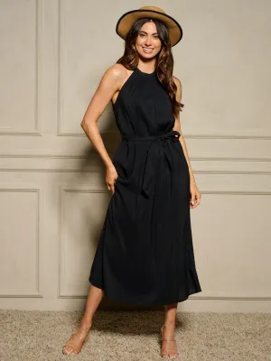 WOMEN'S SLEEVELESS SELF TIE POCKETS MAXI DRESS