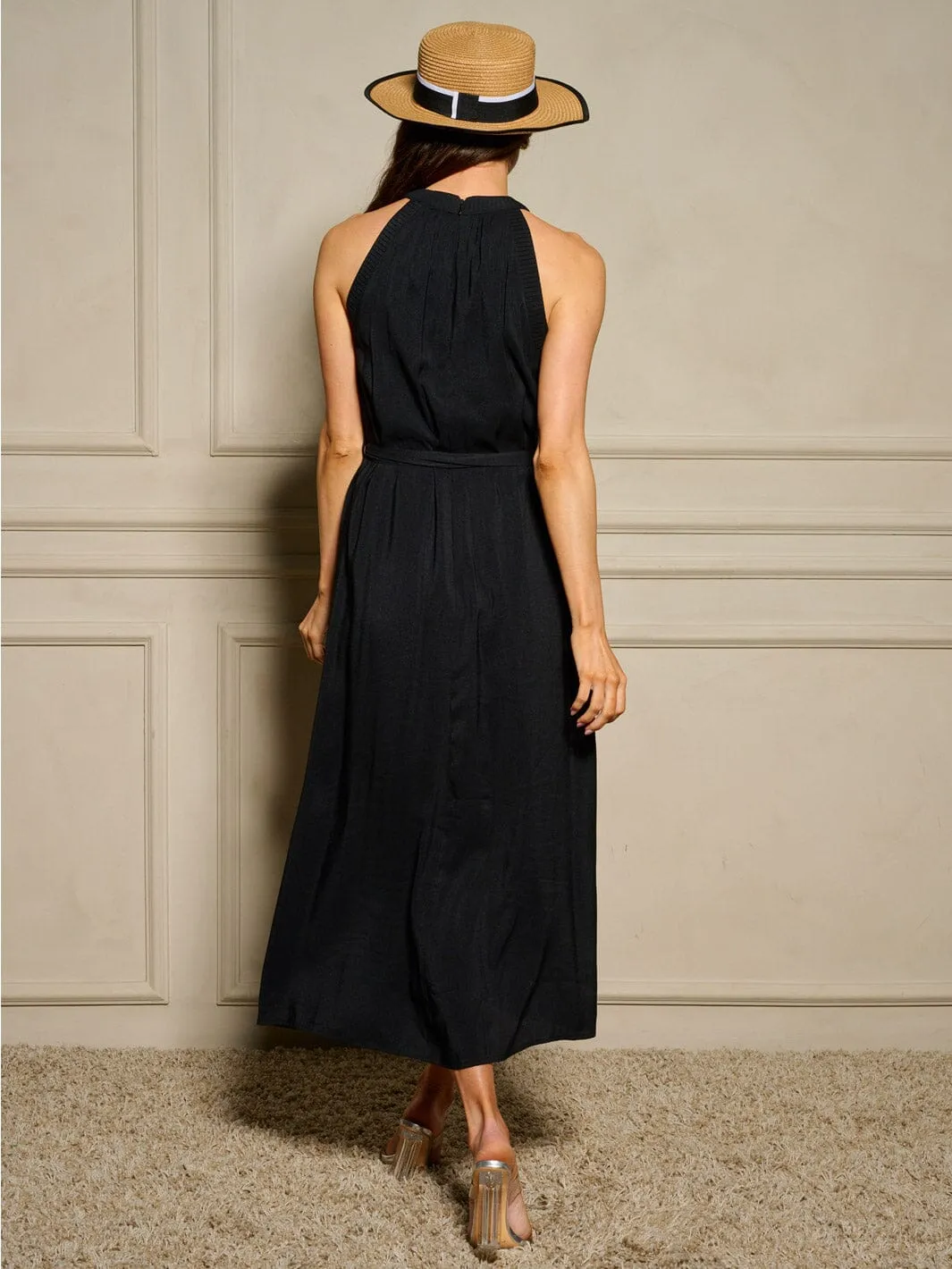 WOMEN'S SLEEVELESS SELF TIE POCKETS MAXI DRESS