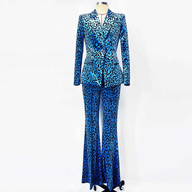 Women's Velvet Pantsuit Leopart-Printed Suit Wide-Leg Animal Print Slim Suit