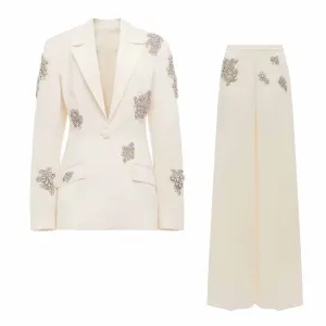 Women's White Beaded Blazer Suit Two Pieces Wide-Leg Wedding Pantsuit