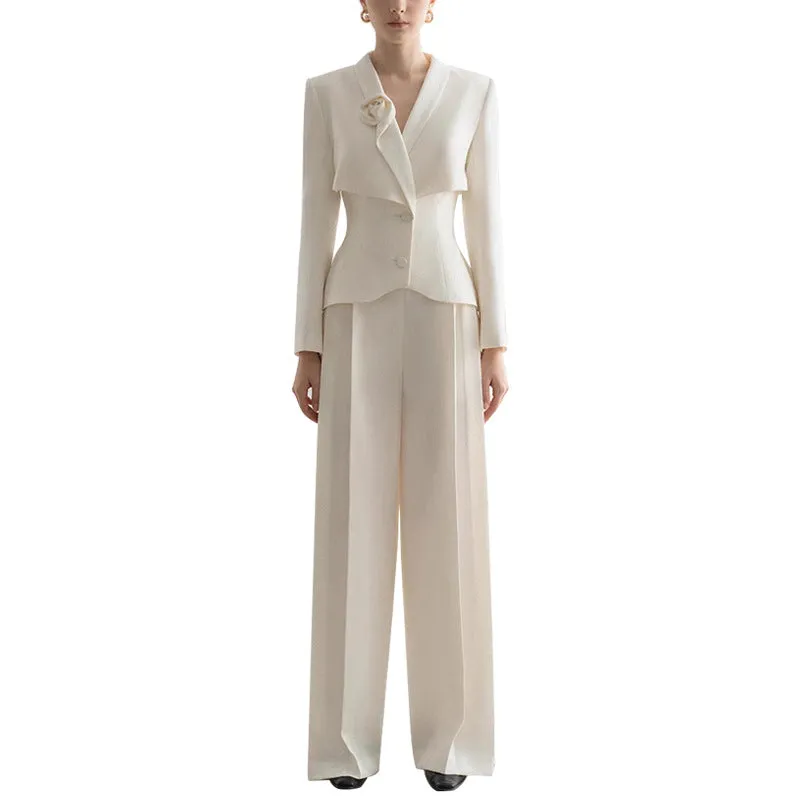 Women's Wide-Leg Formal Suit Blazer Trousers Set Event Pantsuit