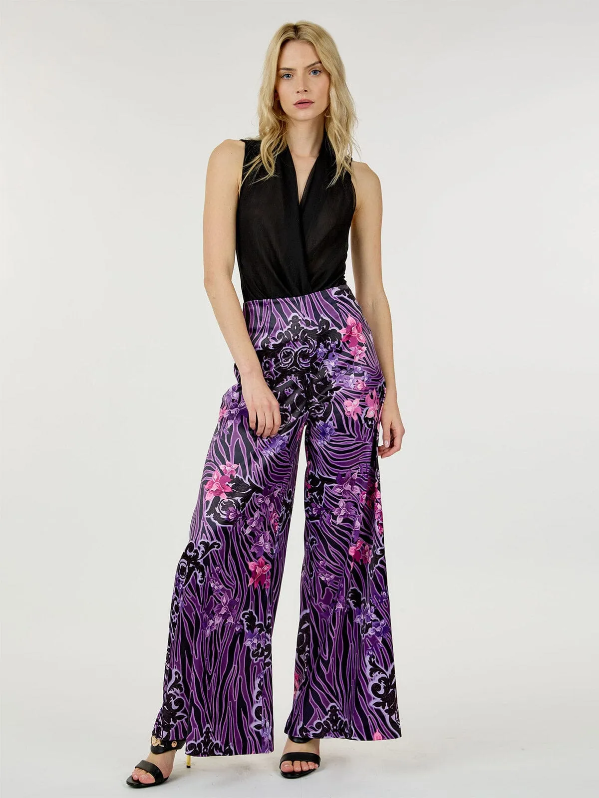 WOMEN'S ZIP UP MULTI PRINT WIDE LEG PANTS