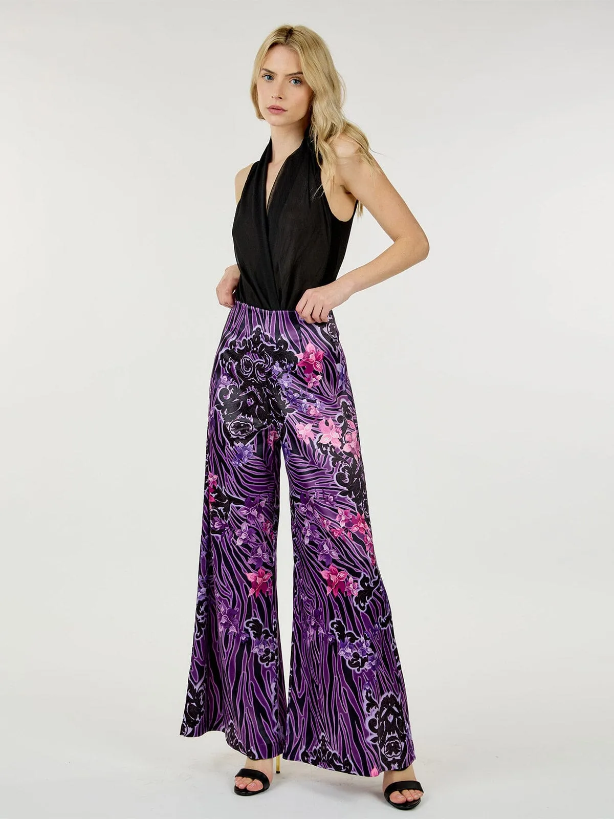 WOMEN'S ZIP UP MULTI PRINT WIDE LEG PANTS