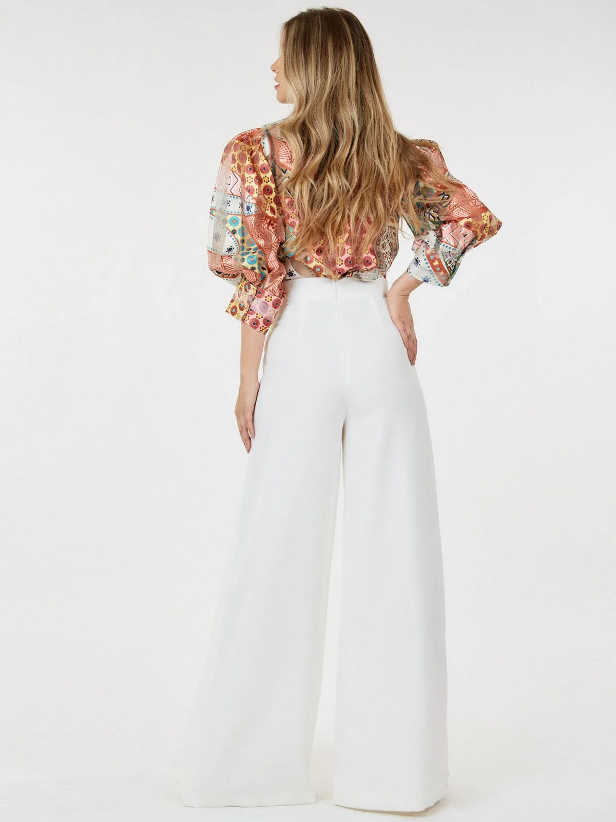 WOMEN'S ZIP UP PLEATED FRONT WIDE LEG PANTS