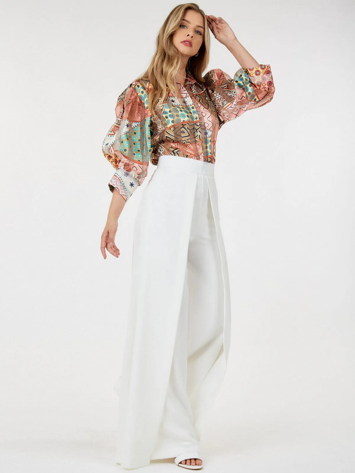 WOMEN'S ZIP UP PLEATED FRONT WIDE LEG PANTS