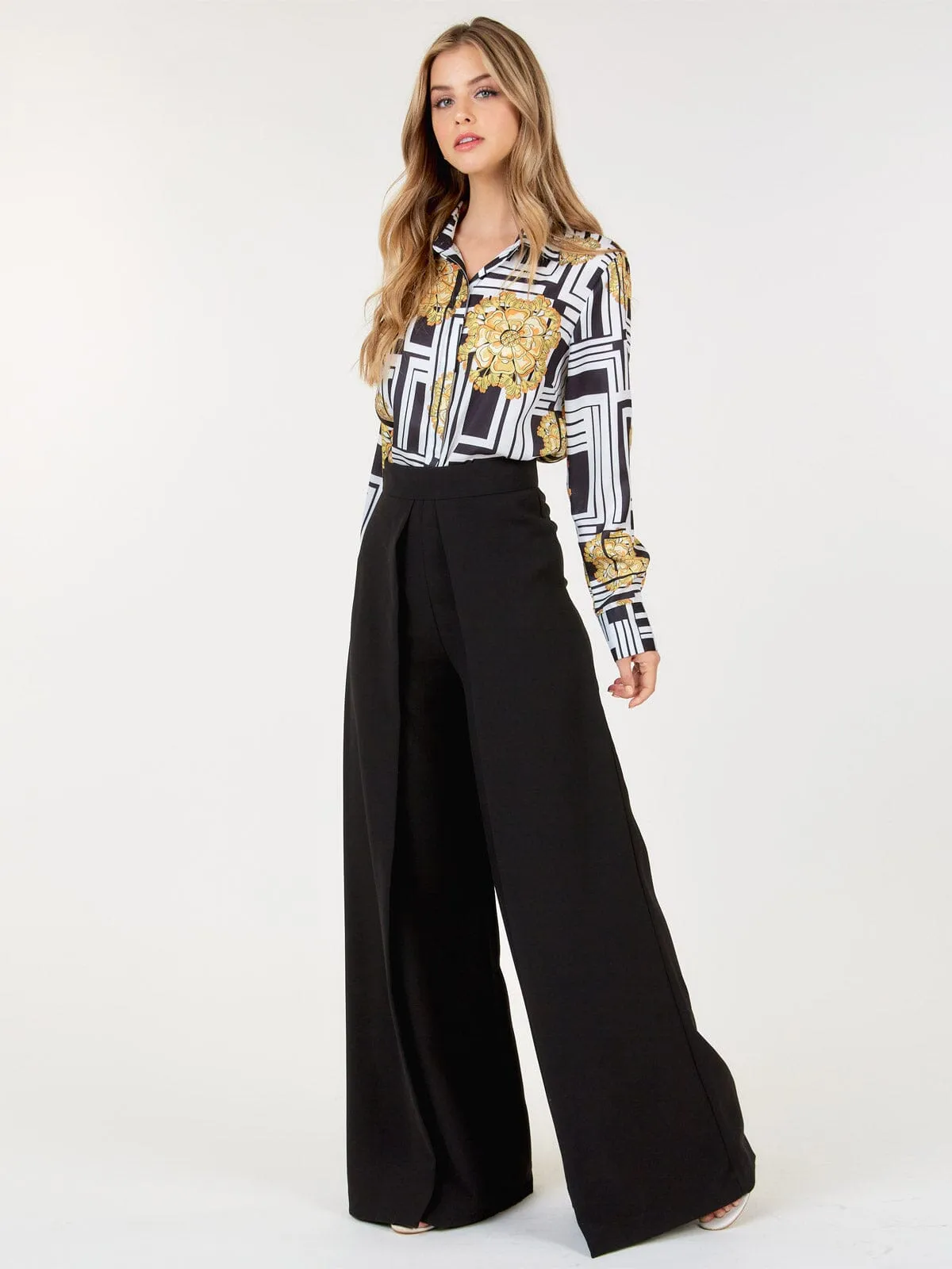 WOMEN'S ZIP UP PLEATED FRONT WIDE LEG PANTS