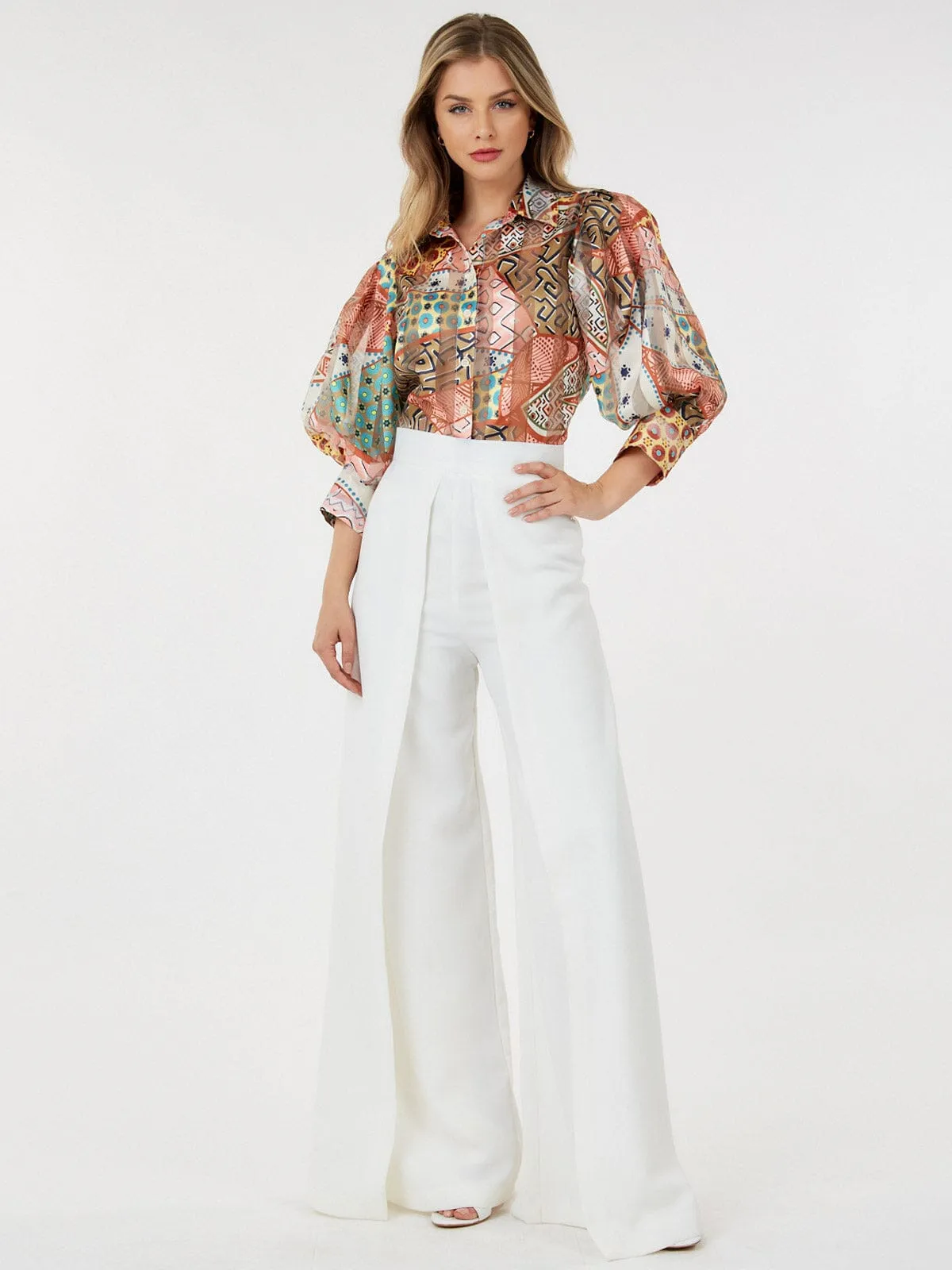 WOMEN'S ZIP UP PLEATED FRONT WIDE LEG PANTS