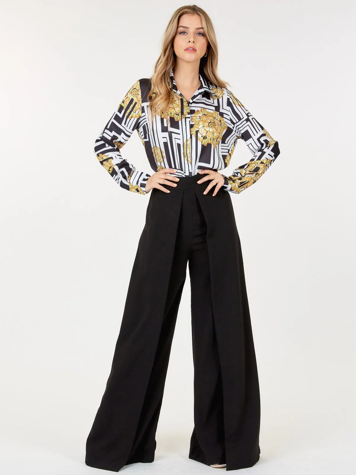 WOMEN'S ZIP UP PLEATED FRONT WIDE LEG PANTS