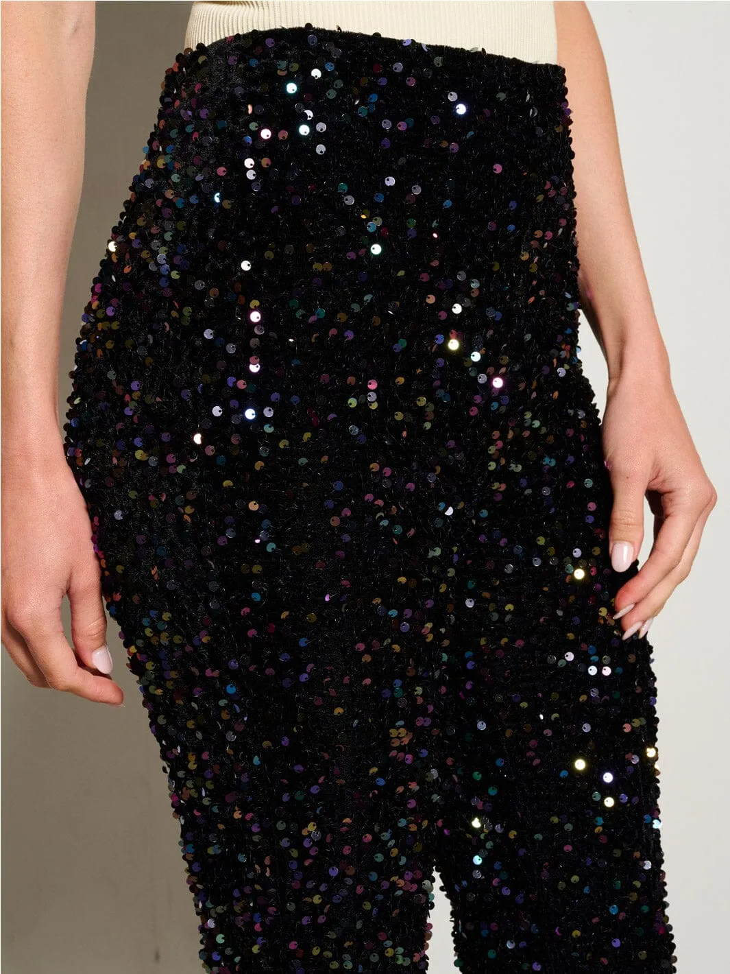 WOMEN'S ZIP UP SEQUINS WIDE LEG PANTS