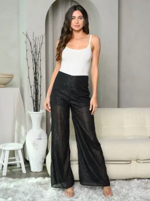 WOMEN'S ZIP UP SHIMMER MESH BELL LEG PANTS